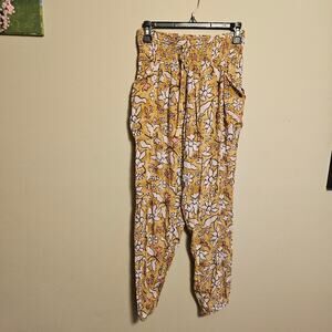 Aerie Yellow Smocked High Waist Drawstring Pants Floral Size Small